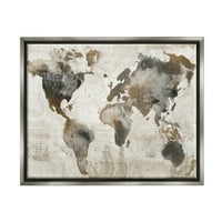 Stuple Industries Vintage Rustic World Map Town & City Painting Grey Floater Framed Art Print Wall Art