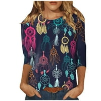 Киз Продавач Женска Мода Обичен Три Четвртини Ракав Печатење Круг Вратот Пуловер Врвот Блуза Темно Виолетова XL