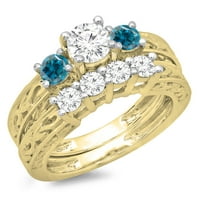 1. Карат 10к жолто злато, исечено сино и бело дијамантски дами гроздобер камен невестински ангажман прстен со натпревар