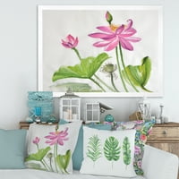 DesignArt 'Две розови лотос цвеќиња со традиционално врамен уметнички принт на зелени лисја'
