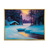 DesignArt „Стара кабина во зимска шума во вечерната сјај II“ Традиционална врамена платно wallидна уметност печатење