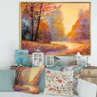 Дизајн Есента шума портокалова остава пејзаж со патека 'езерото куќа врамена платно wallидна уметност печатење