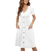 Pxiakgy Жените Лето Повик Краток Ракав Фустани Копче Надолу Коленото Должина Фустан Со Џебови Бела+М
