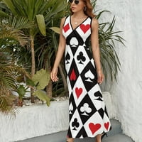 Покер Печатење Женски Макси Фустан Лето V Вратот Без Ракави Смешни Печатени Фустани