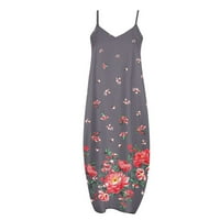 Зунфео летни фустани за жени дозвола- Камизол фустан со џебови против вратот без ракави цветни печатени фустани сив 3XL