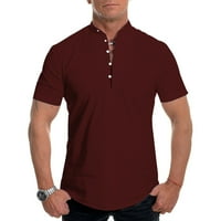 Менс лето Хенли кошули за дишење кратки ракави обични маици со вратот Основни цврста боја пуловер врвови вино м