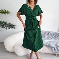 Елегантни фустани за жени со кратка ракав цврст датум со средна должина женски летен фустан со висока половината зелена л