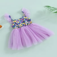 Девојки Обичен Принцеза Фустан, Виолетова Цвет Печати Летаат Ракави Предиво Здолниште, Мулти-слој Летен Фустан