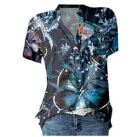 Женски Блузи Хемиза Мода Краток Ракав Графички Отпечатоци Женски Плус Кошули Хенли Лето Блузи Сина XL