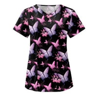 Жените Мода Пеперутка Печатење V-Вратот Краток Ракав Работна Облека Со Џебови Врвови во неформални ситуации