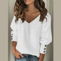 Entyinea жени плус џемпери со големина v вратот со долг ракав плетен лабав преголем пулвер џемпер бел м