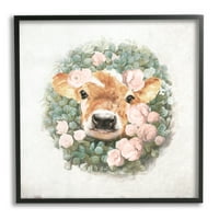 Индустриски студенти, симпатична бебе теле теле, крава розово цветник на венец, црна врамена уметничка печатена wallидна уметност,