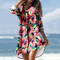 Женски Пролетен Секојдневен Фустан Фустан За Печатење Во Летен Стил На Плажа Џеб Кошула Со Долги Ракави Фустан Краток Макси
