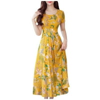 летни фустани на Вендинид за жени мода лето лето благодат на средно-телес кратки ракави за печатење на плажа, жолт л