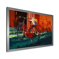 DesignArt 'Црвен гроздобер велосипед со цвеќиња корпа' гроздобер врамен уметнички принт