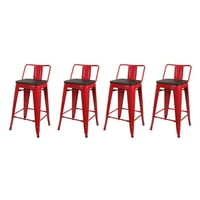 Дизајнерска група контра висина со метални столици со сет на темно дрво од 4, црвено црвено црвено