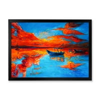 Чамци за време на топлото зајдисонце, кои се потпираат на водата VI, врамени сликарско платно, уметничко печатење