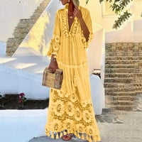 Фустани со куоф Мода Обична Боемска Голема Големина V-Врат Еднобојна Чипка Жолта 3XL