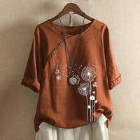 plus size casual tops for women loose fit crewneck button shirt dandelion printed tee rolled sleeve blouse