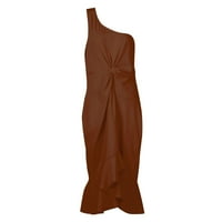 Женска Мода Еднобојна Секси Бодикон Со Едно Рамо Фустан Со Возбуда Миди Фустани Браун С